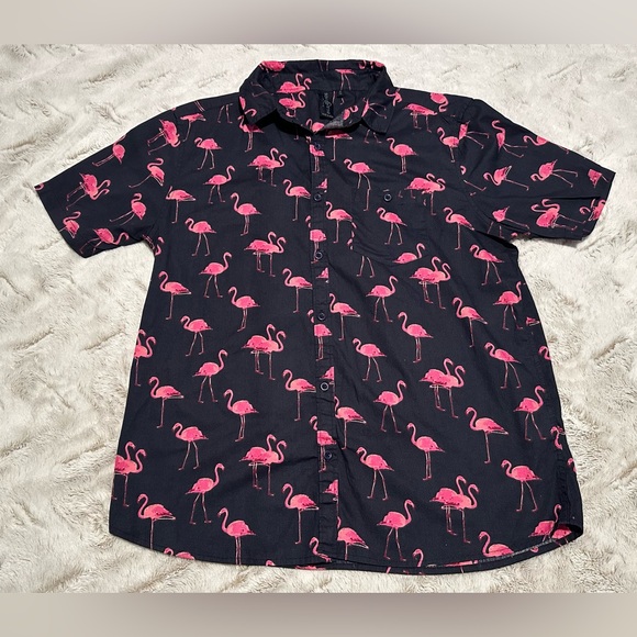 Soul Star England Flamingo Print Button Down Casual Short Sleeve Shirt - Picture 2 of 9